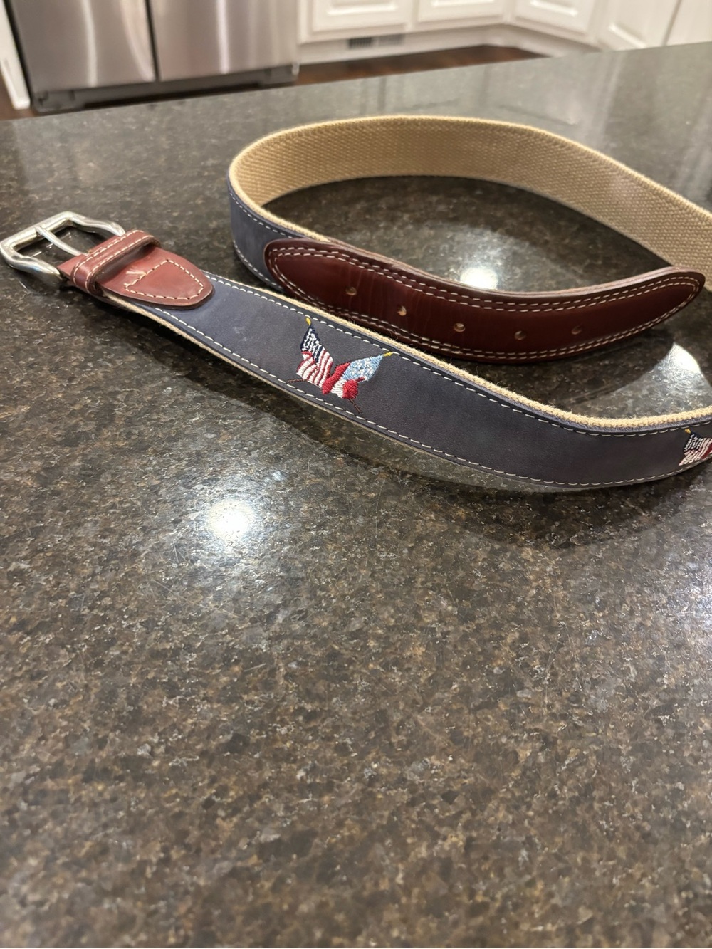Embroidered Navy Canvas & Brown Leather Men’s Belt - American Flag Accent